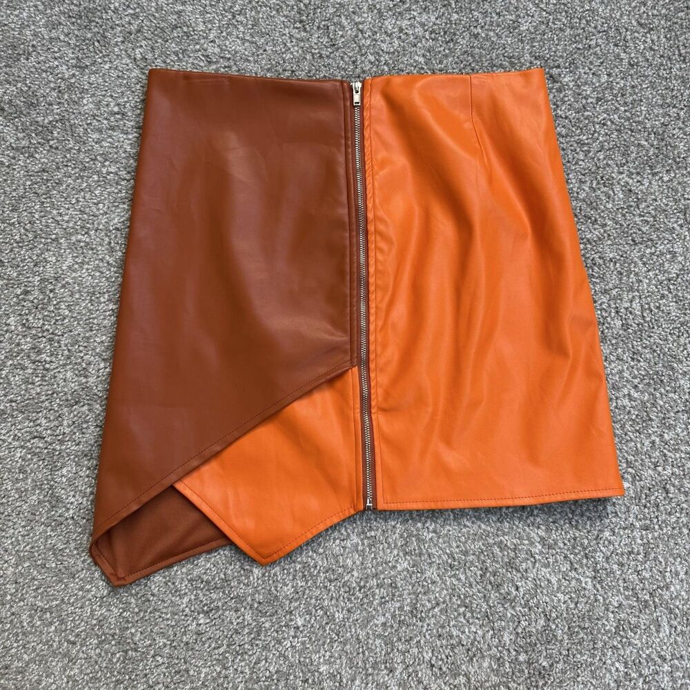 Dee Elly Skirt Womens Small Brown Faux Leather Wrap Mini Zip Colorblock Asym Hem